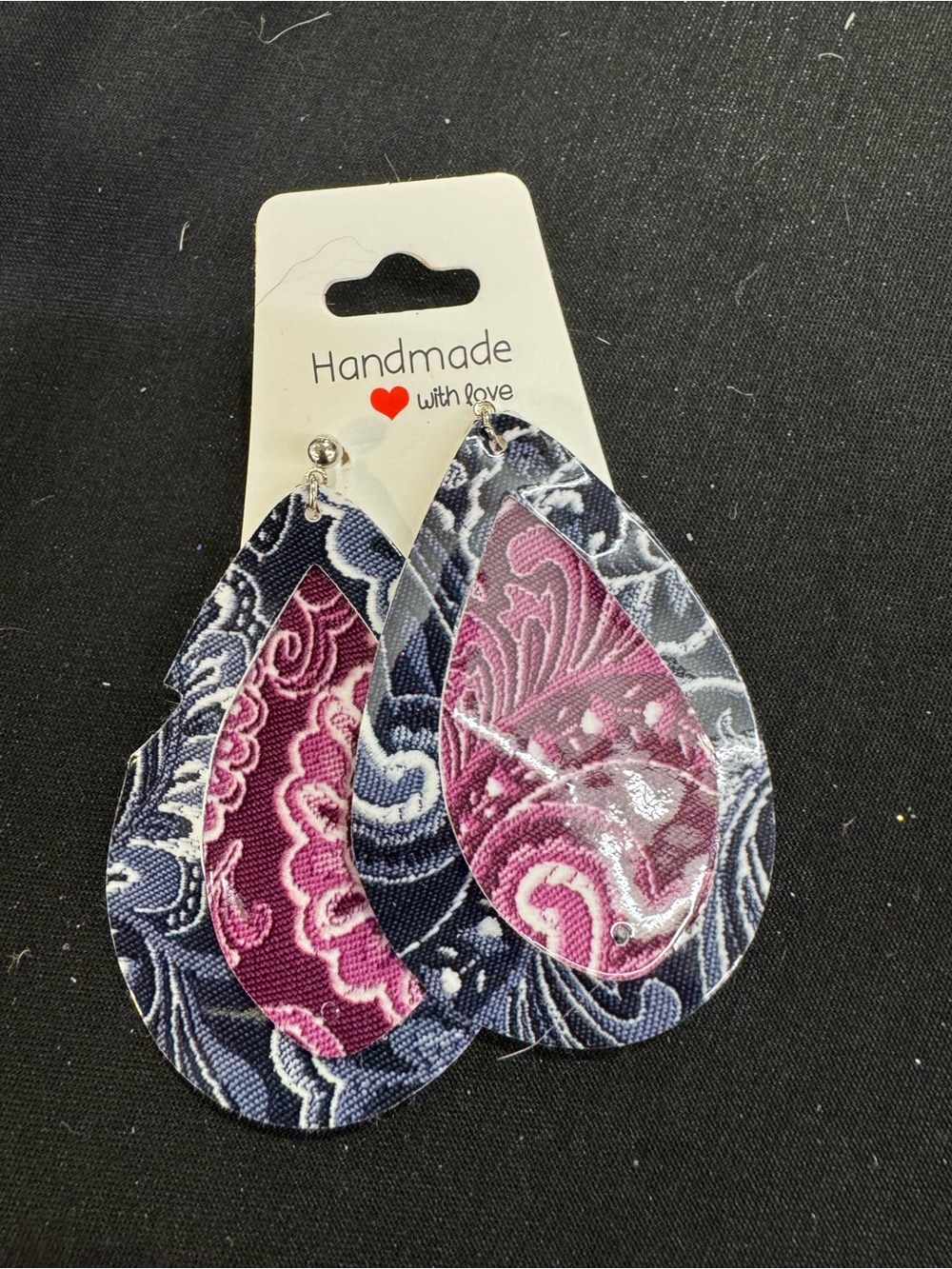 Handmade Teardrop Earrings - Navy & Magenta Paisley